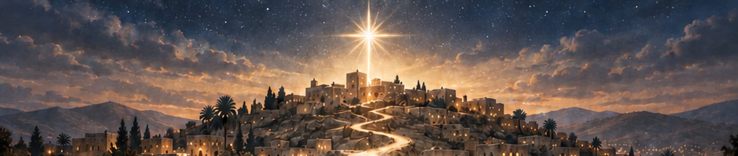 The town of Bethlehem on a hill at night beneath a shining star, a glowing path winding up to it